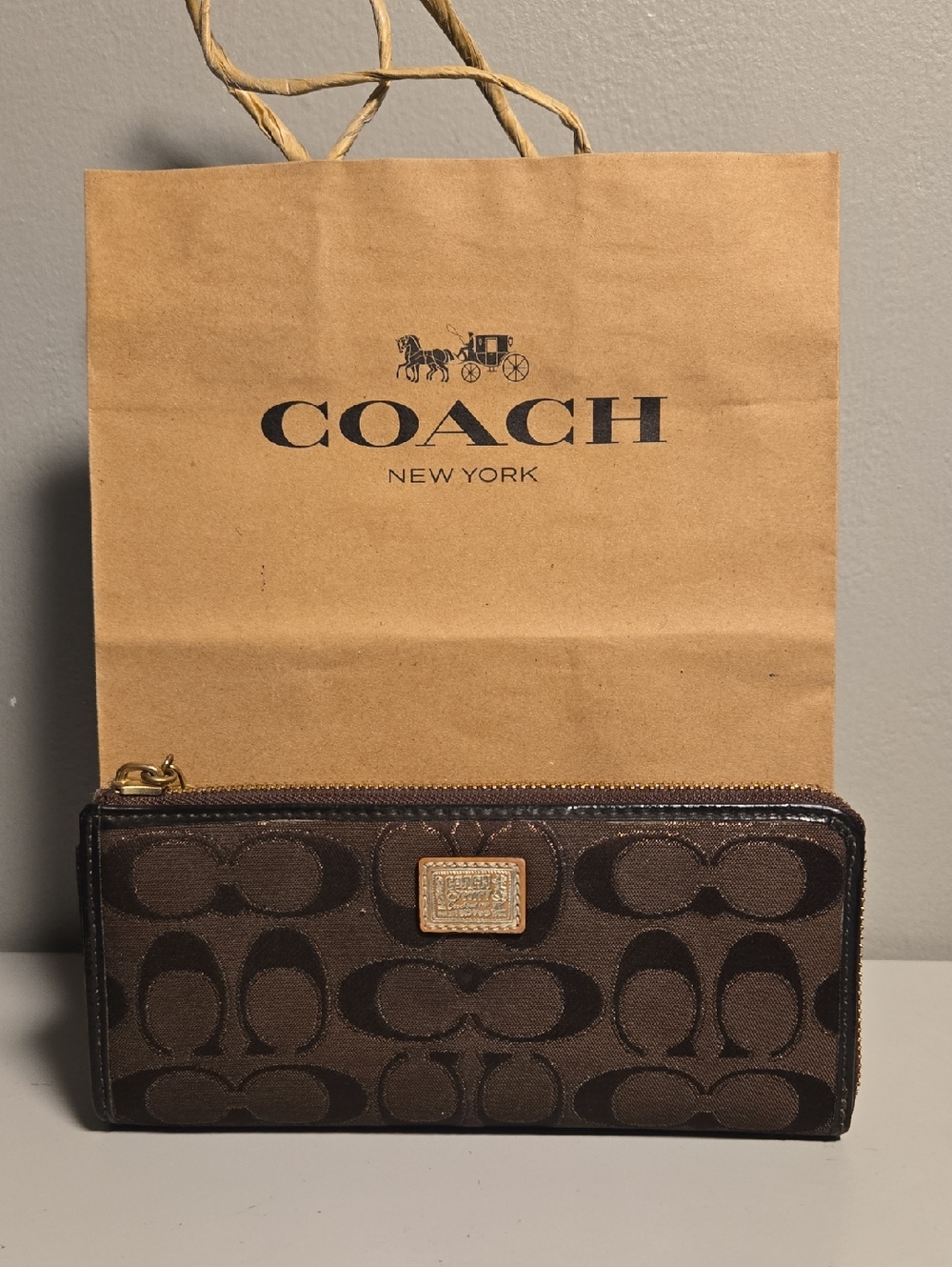 Coach Poppy Brown Signature Zip Wallet with Gold Plate